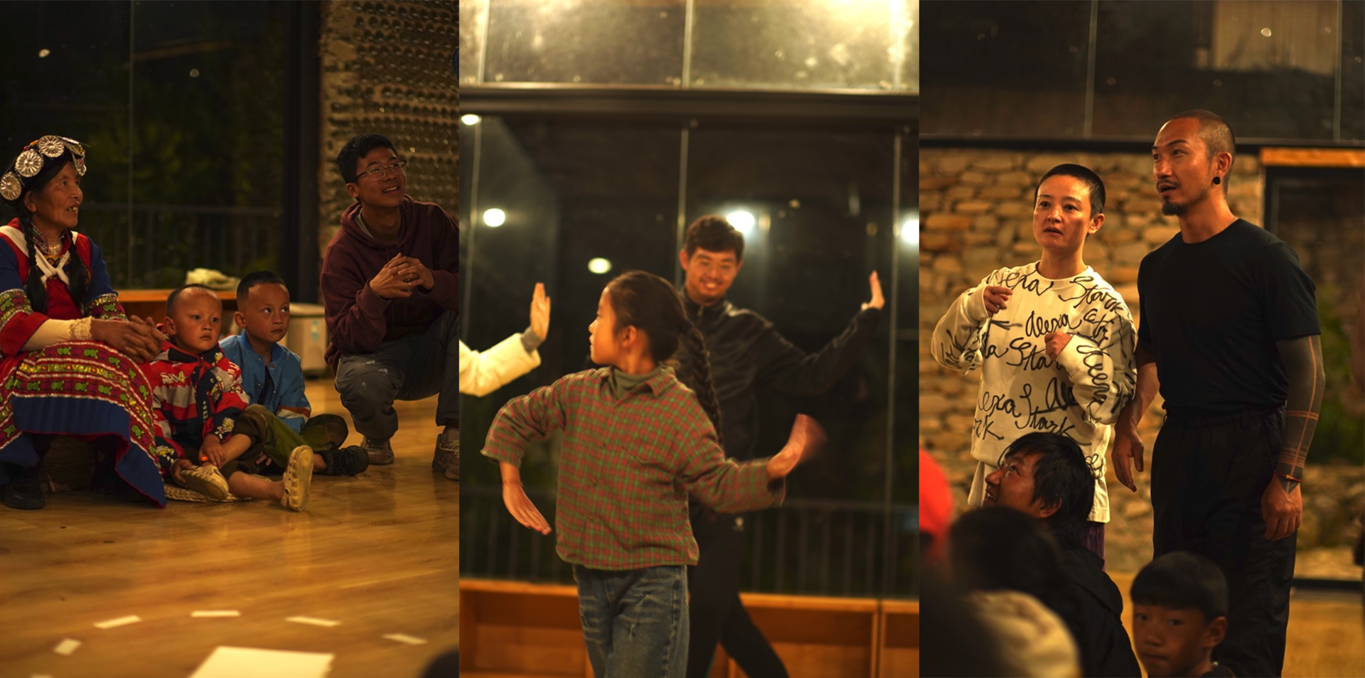Villagers and residency participants taking part in the game-theatre work