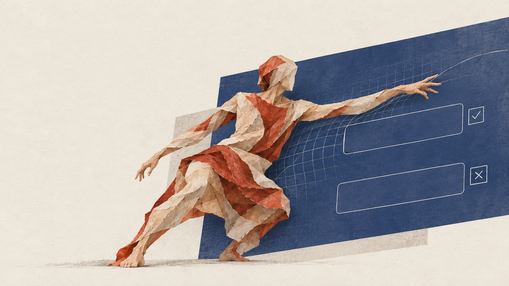 A paper-collage body reaching toward a blue digital interface with checkmark-and-cross options; illustration generated by Ji Zhiwei, not a performance photograph