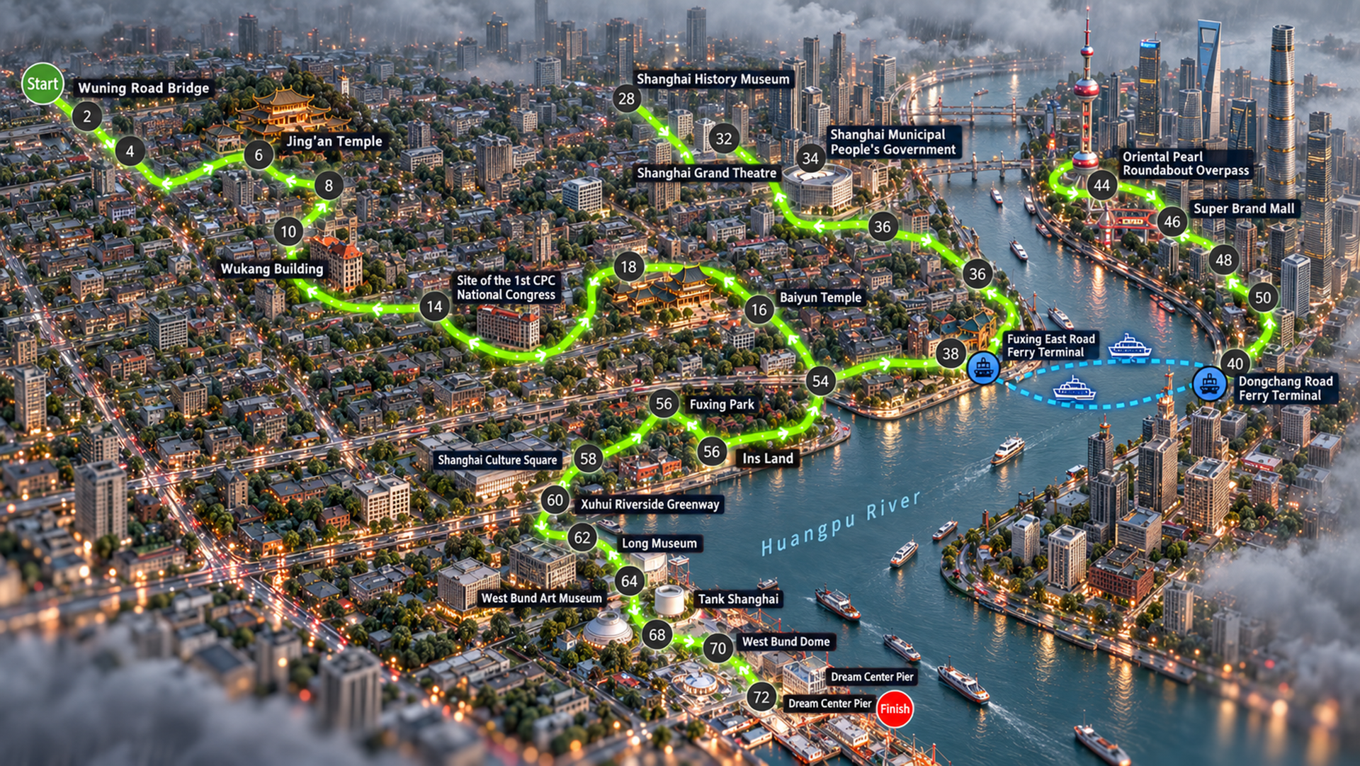 Rainbow walking route: Wuning Road Bridge to the pier at West Bund Dream Center